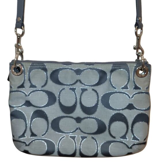 Coach 2012 Poppy Gray & Silver Metallic Signature Jacquard Crossbody Bag 12 x 8" - Picture 3 of 15